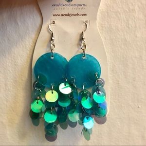Blue shiny earrings with matching necklace